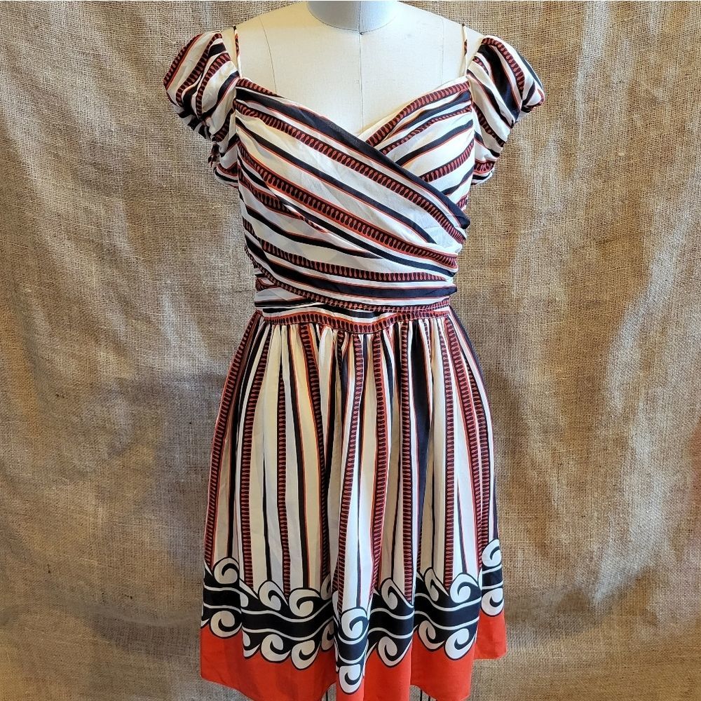 Anna Sui White, Black, Red Striped Fit-and-Flare Dress